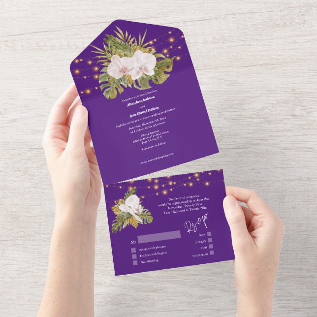 Boho floral purple orchid wildflower chic wedding all in one invitation (Tearaway)