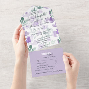 Boho Floral Purple pattern Watercolor Wedding All In One Invitation