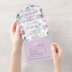 Boho Floral Purple Watercolor Wedding All In One Invitation