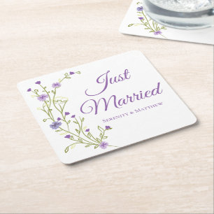 Boho Floral Purple Wildflower Just Married Square Paper Coaster