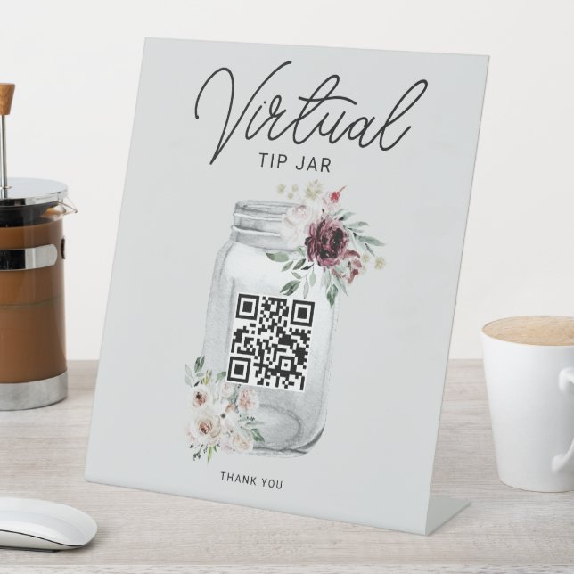 Boho Floral QR Code Virtual Tip Jar Pedestal Sign (In SItu)