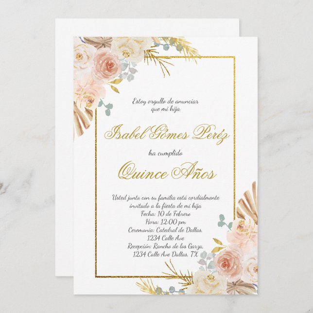 Boho floral Quince invitation in Spanish (Front/Back)