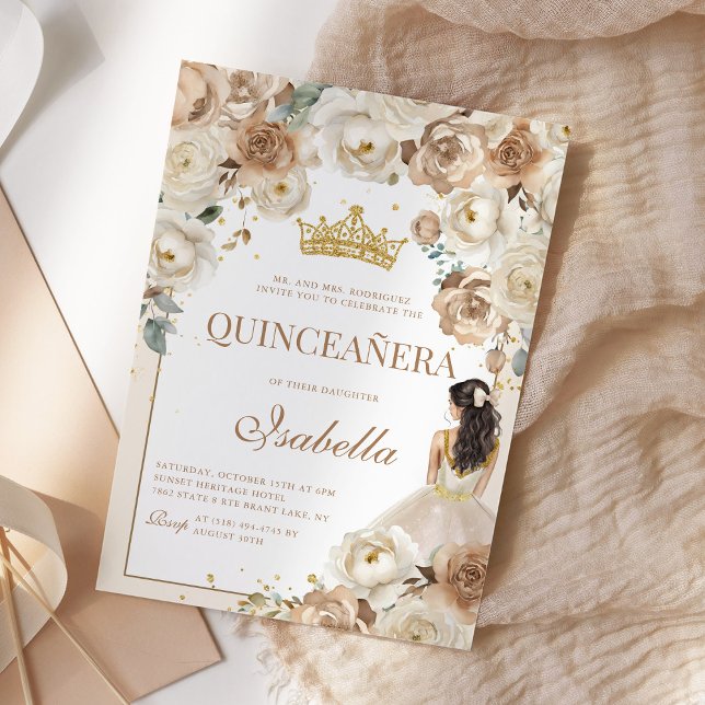 Boho Floral Quinceanera Champagne Mis Quince Anos Invitation (Creator Uploaded)
