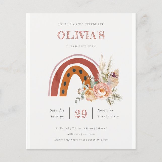 Boho Floral Rainbow Any Age Birthday Budget Invite Flyer (Front)
