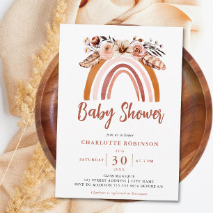 Boho Floral Rainbow Terracotta Orange Baby Shower Invitation