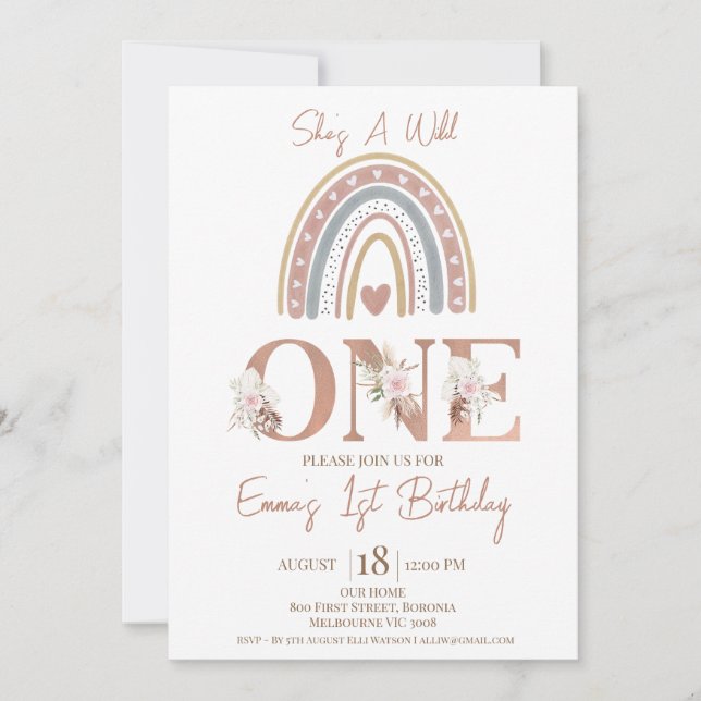 Boho Floral Rainbow Wild One 1st Birthday Invitation (Front)