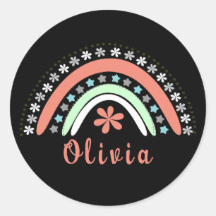Boho Floral Rainbow With Personalised Name Classic Round Sticker