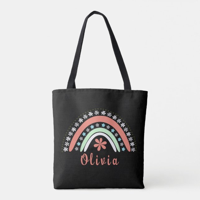 Boho Floral Rainbow With Personalised Name Tote Bag (Back)