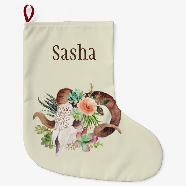 Boho Floral Ram Skull Personalised Large Christmas Stocking (Front)