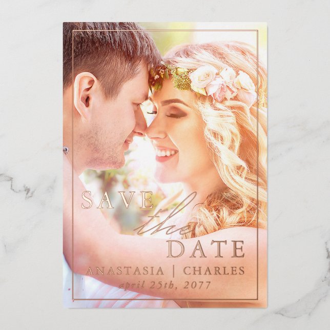 Boho Floral Real Foil Photo Save The Date Card (Front)
