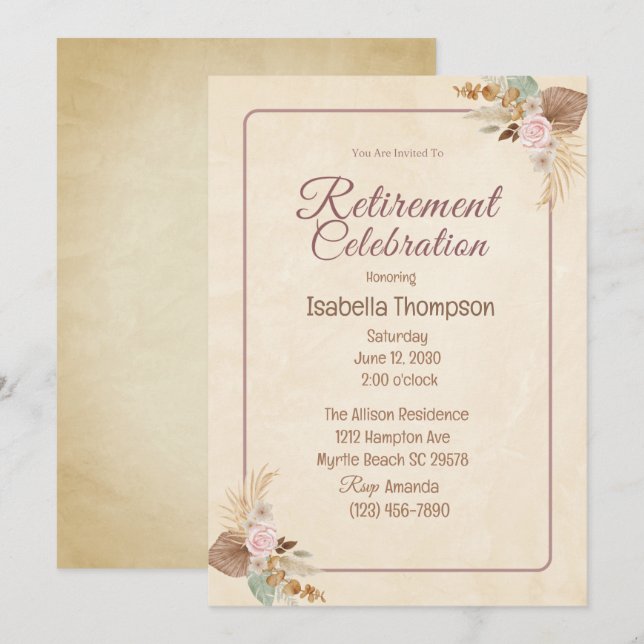 Boho Floral Retirement Party Celebration Invitation (Front/Back)