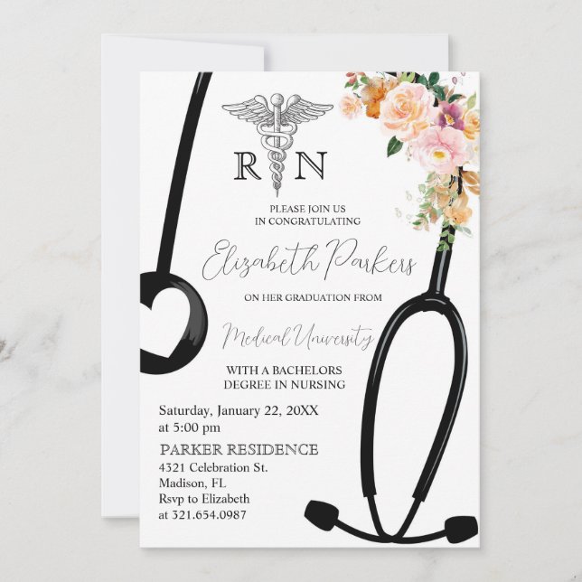 Boho Floral RN Nursing School Graduation Party Invitation (Front)