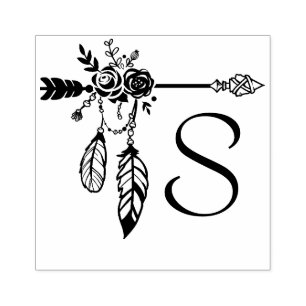 Boho Floral Rose Arrow Monogram Initial Rubber Stamp