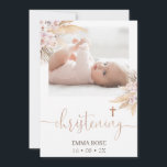 Boho Floral Rose Calligraphy Photo Christening Invitation<br><div class="desc">Boho Floral Rose Calligraphy Photo Christening Invitation

Girl's bohemian christening invitation featuring two boho pink and pampas grass floral arrangements,  a faux rose gold cross,  modern calligraphy heading and a photograph. Ideal for someone looking for a floral christening invitation with a boho look.</div>