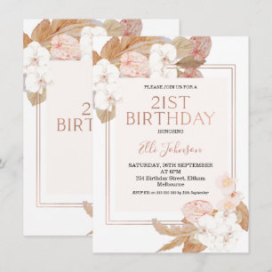 Boho Floral Rose Gold 21st Birthday Invitation