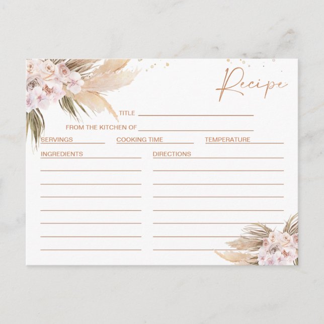 Boho Floral Rose Gold Bridal Shower Recipe Card (Front)