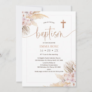 Boho Floral Rose Gold Calligraphy Baptism  Invitation