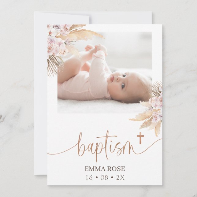 Boho Floral Rose Gold Calligraphy Photo Baptism  Invitation (Front)