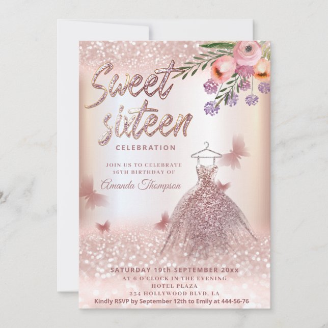 Boho floral Rose gold glittery dress butterfly  Invitation (Front)