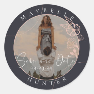 Boho Floral Rose Photo Circle Navy Save The Date Classic Round Sticker