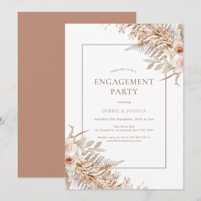 Boho Floral Roses Pampas Grass Engagement Invitation (Front/Back)