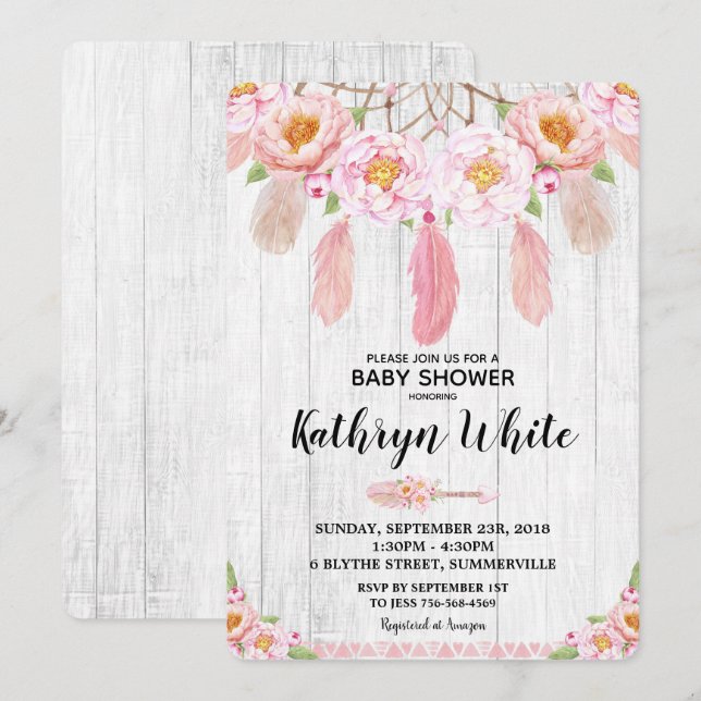 Boho Floral Rustic Baby Shower Invitation Girl (Front/Back)