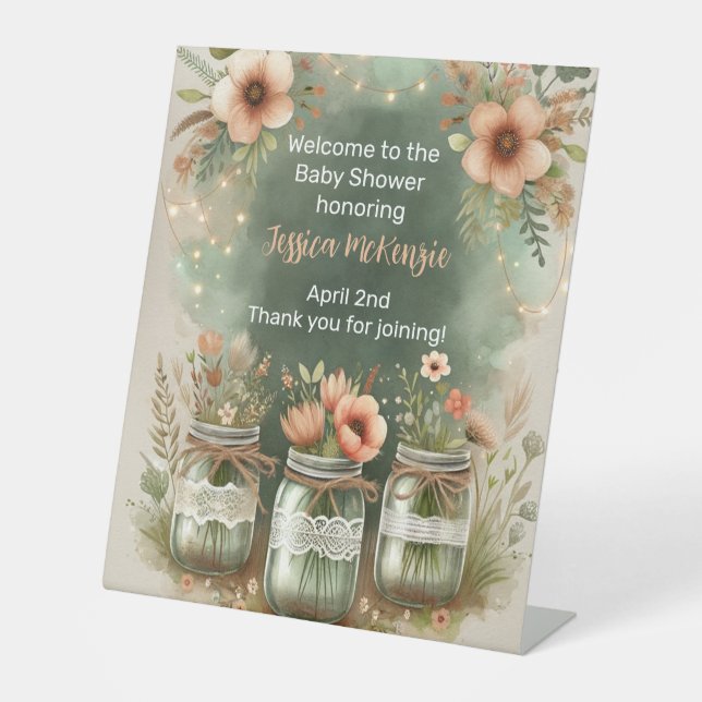 Boho Floral Rustic Floral Mason Jar Baby Shower Pedestal Sign (Front)