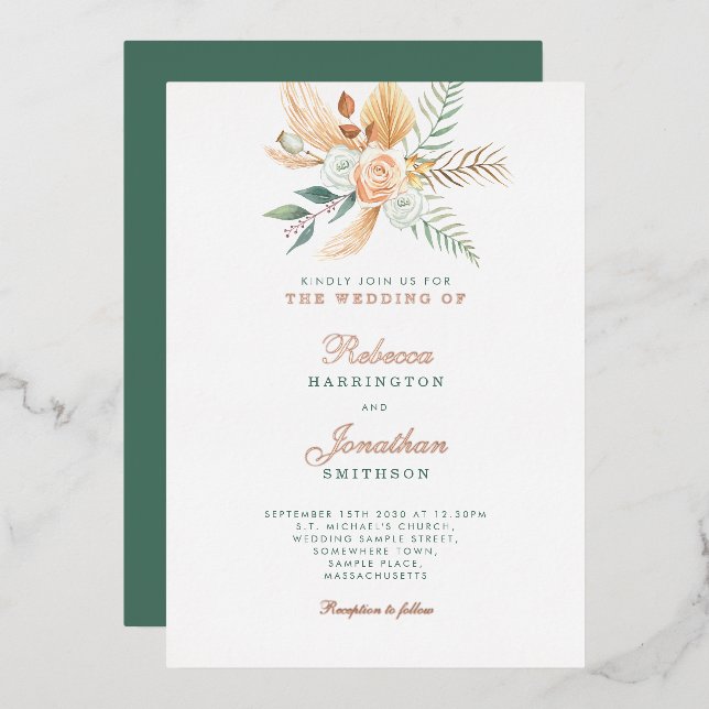 Boho Floral Rustic Green Gold Bronze Wedding (Front/Back)