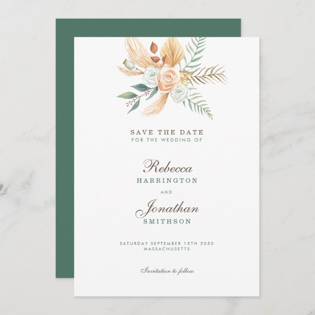 Boho Floral Rustic Green Wedding Save The Date Invitation (Front/Back)