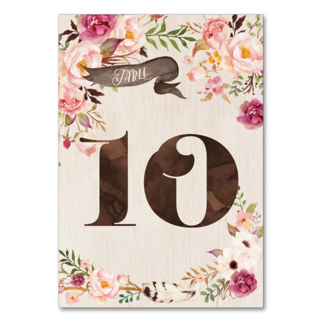 Boho Floral Rustic Wedding Table Number Card 10 (Front)