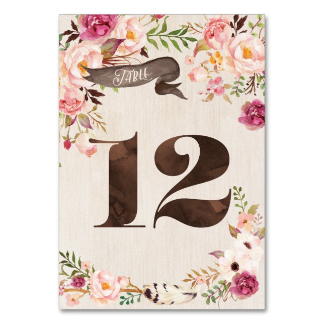 Boho Floral Rustic Wedding Table Number Card 12 (Front)