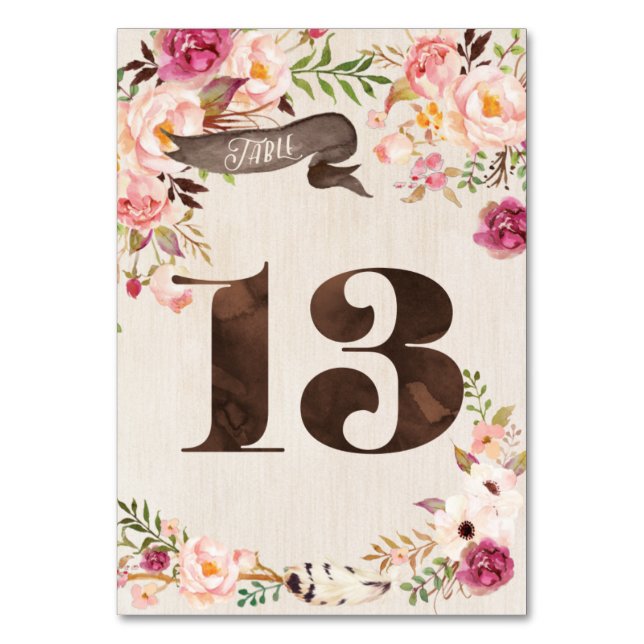 Boho Floral Rustic Wedding Table Number Card 13 (Front)