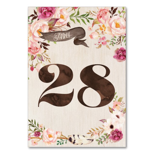 Boho Floral Rustic Wedding Table Number Card 28 (Front)