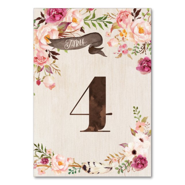 Boho Floral Rustic Wedding Table Number Card 4 (Front)
