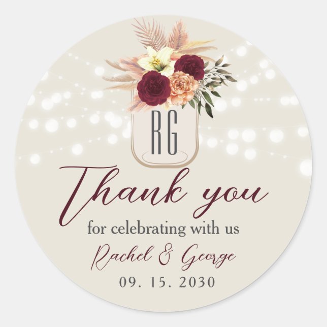 Boho Floral Rustic Wedding Thank You Classic Round Sticker (Front)