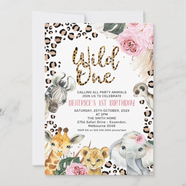 Boho Floral Safari Wild One 1st Birthday  Invitation (Front)