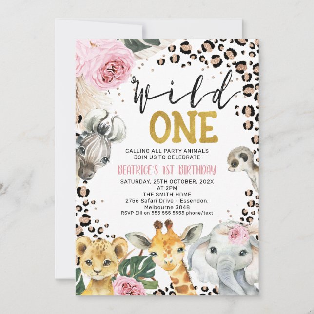 Boho Floral Safari Wild One 1st Birthday Invitation (Front)