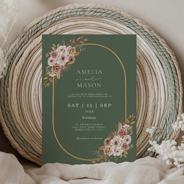 Boho Floral Sage Green and Gold Wedding Invitation (Boho Sage Green and Gold Floral Wedding Invitation)