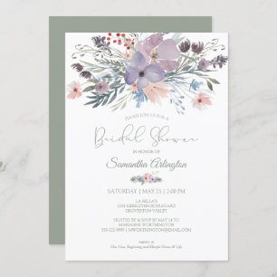 Boho Floral Sage Green Violet Blush Bridal Shower Invitation