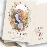 Boho Floral Save The Date<br><div class="desc">Boho Floral Save The Date. This stylish & elegant wedding save-the-date announcement features gorgeous hand-painted watercolor wildflowers arranged as a lovely wreath with an engagement photo for personalising. The back includes a beautiful coordinating bouquet with the bride and groom's monogram. Find matching items in the Tan Boho Wildflower Wedding Collection....</div>