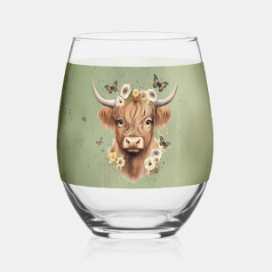 Boho Floral Scottish Cow with Farmhouse Green Stemless Wine Glass