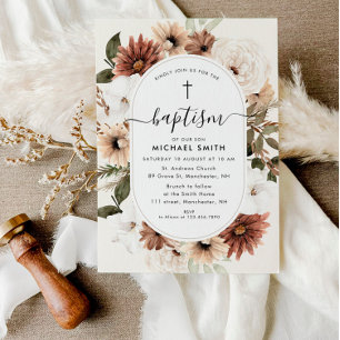 boho floral script baptism invitation