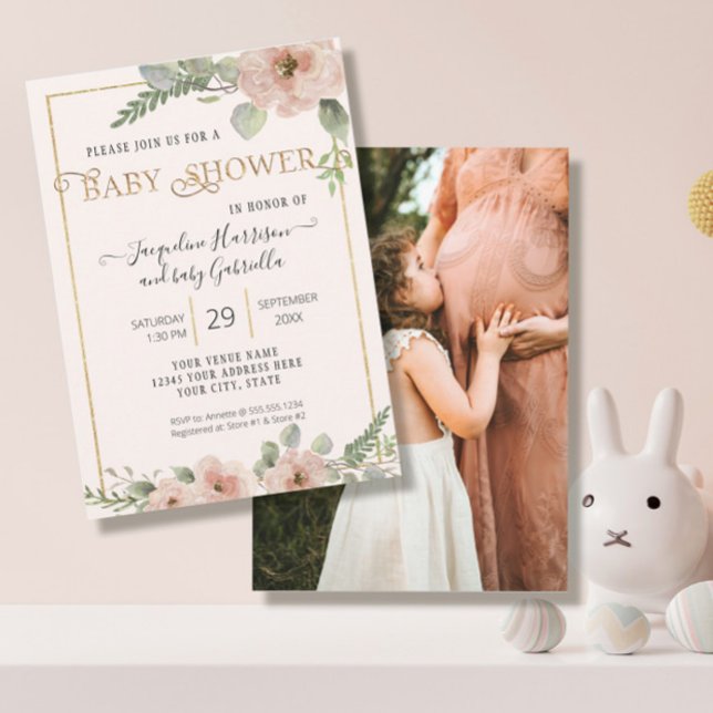 BOHO Floral Script Gold Girl Baby Shower Photo Inv Invitation (Creator Uploaded)
