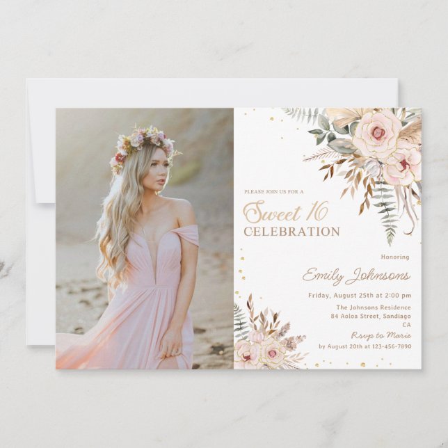 Boho Floral Script Gold Glitter Sweet 16 Photo Invitation (Front)