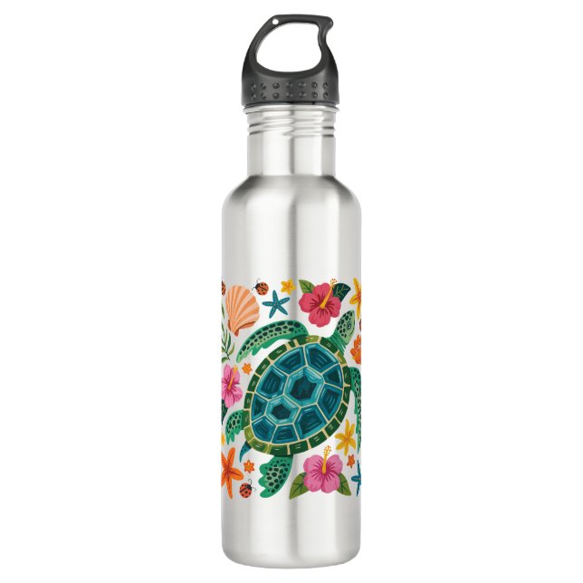 Boho Floral Sea Turtle 710 Ml Water Bottle (Front)