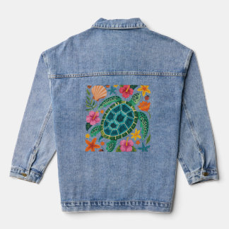 Boho Floral Sea Turtle Denim Jacket