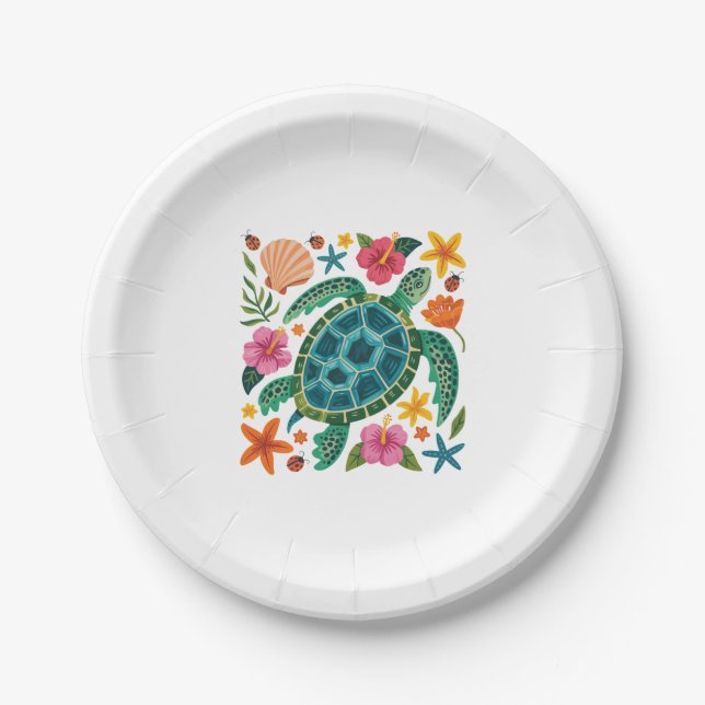 Boho Floral Sea Turtle Paper Plate (Front)