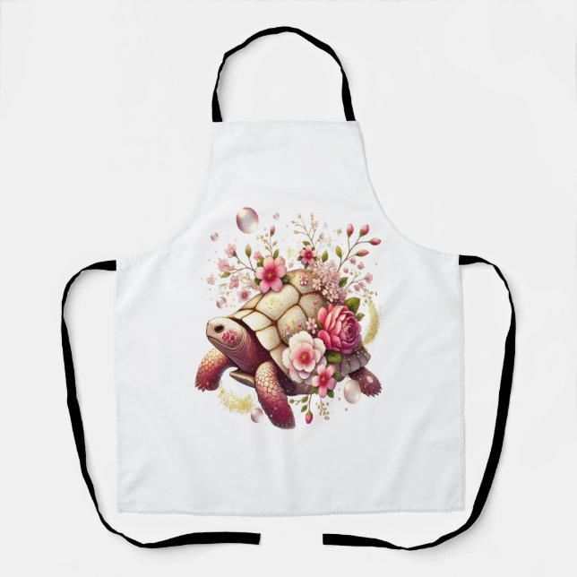 Boho Floral Sea Turtle Pink Blossom Apron (Front)