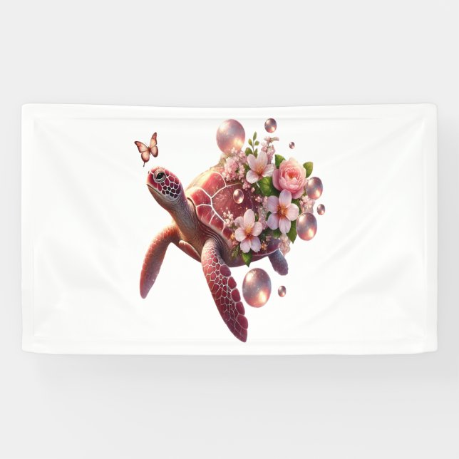 Boho Floral Sea Turtle, Pink Blossom Banner (Horizontal)