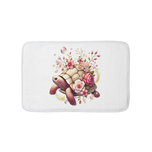 Boho Floral Sea Turtle Pink Blossom Bath Mat (Front)